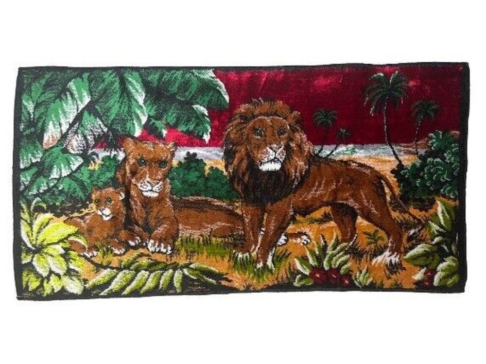 Vintage Mid Century Lion Family Large Carpet Wall Tapestry Morocco 19X38 Jungle